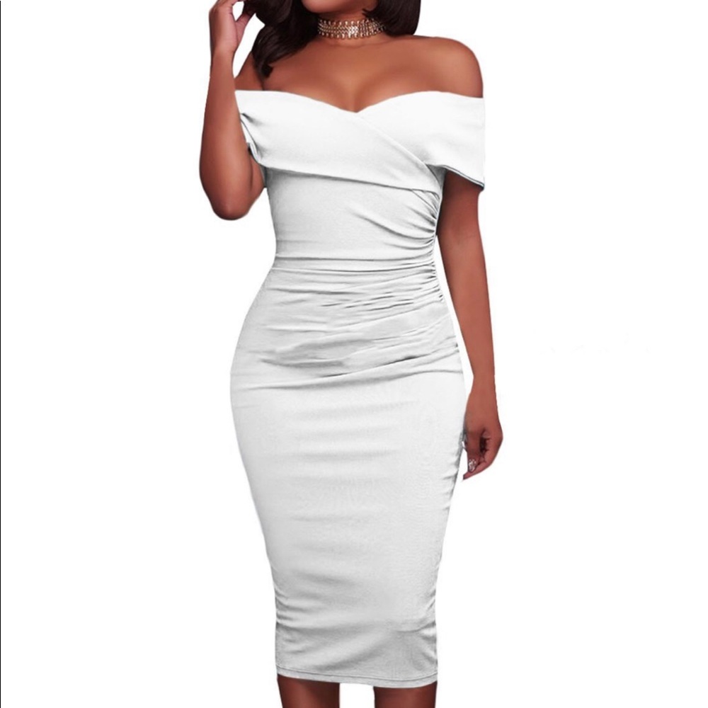 ✨“Stacy” Off Shoulder White Midi Dress✨